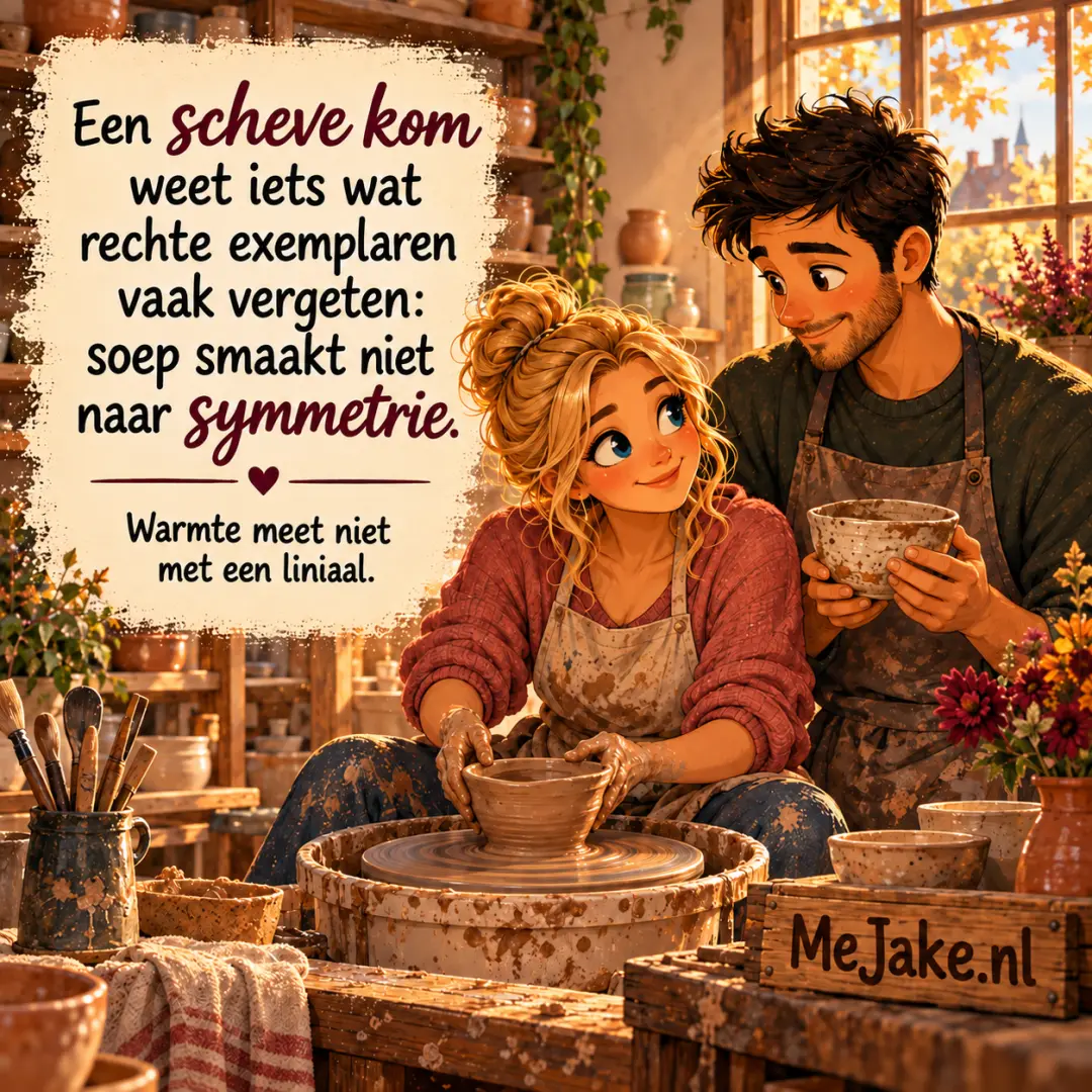 Illustratie bij de quote: Een scheve kom weet iets wat rechte exemplaren vaak vergeten: soep smaakt niet naar symmetrie.