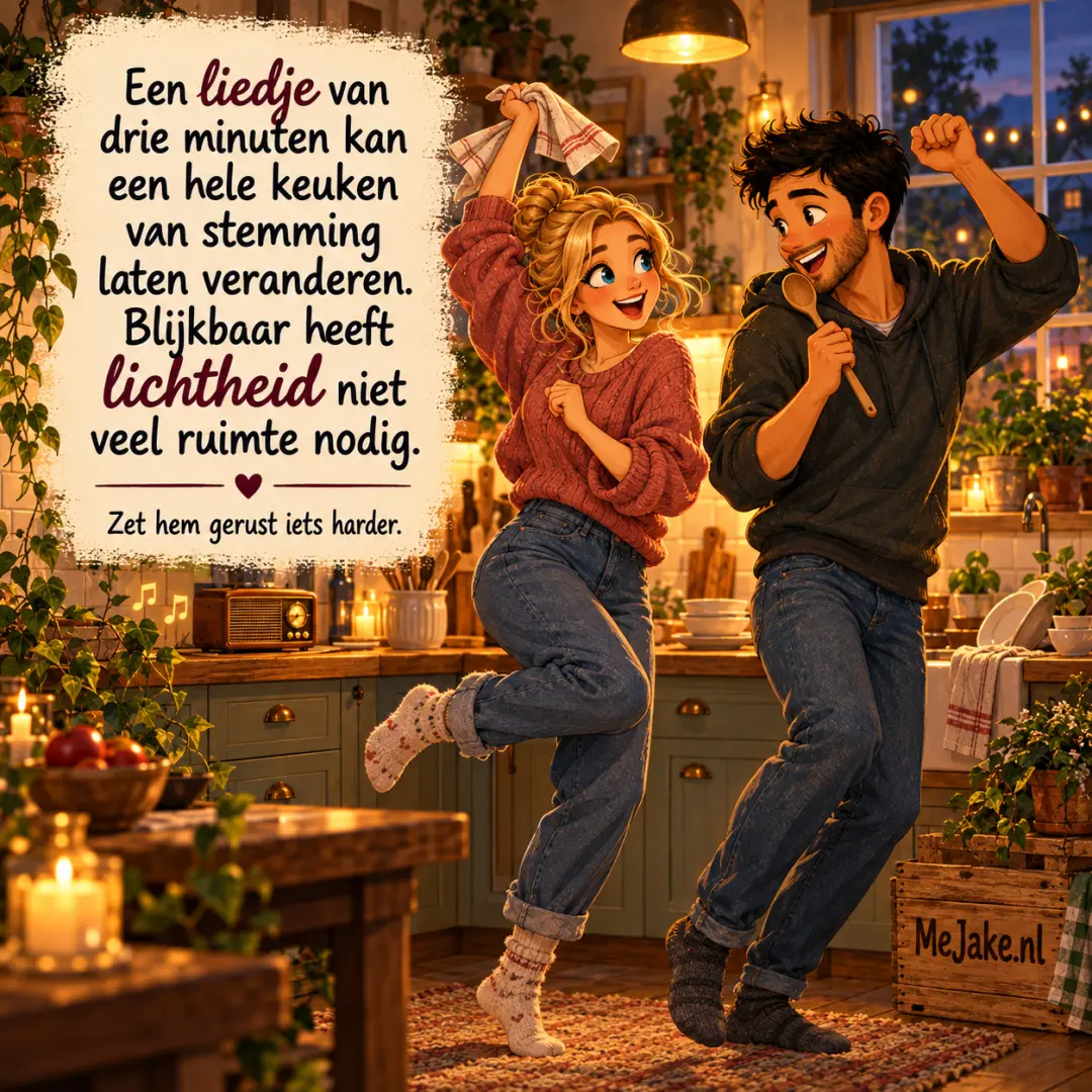 Illustratie bij de quote: Een liedje van drie minuten kan een hele keuken van stemming laten veranderen. Blijkbaar heeft lichtheid niet veel ruimte nodig.