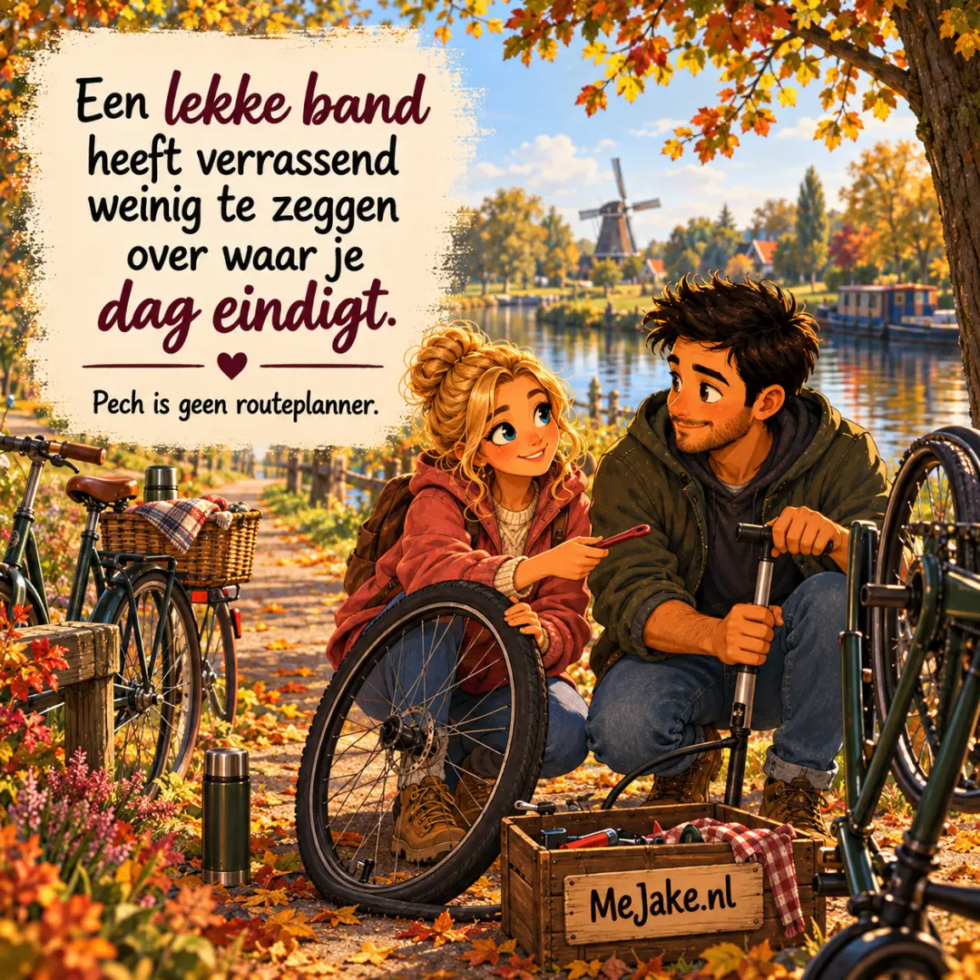 Illustratie bij de quote: Een lekke band heeft verrassend weinig te zeggen over waar je dag eindigt.