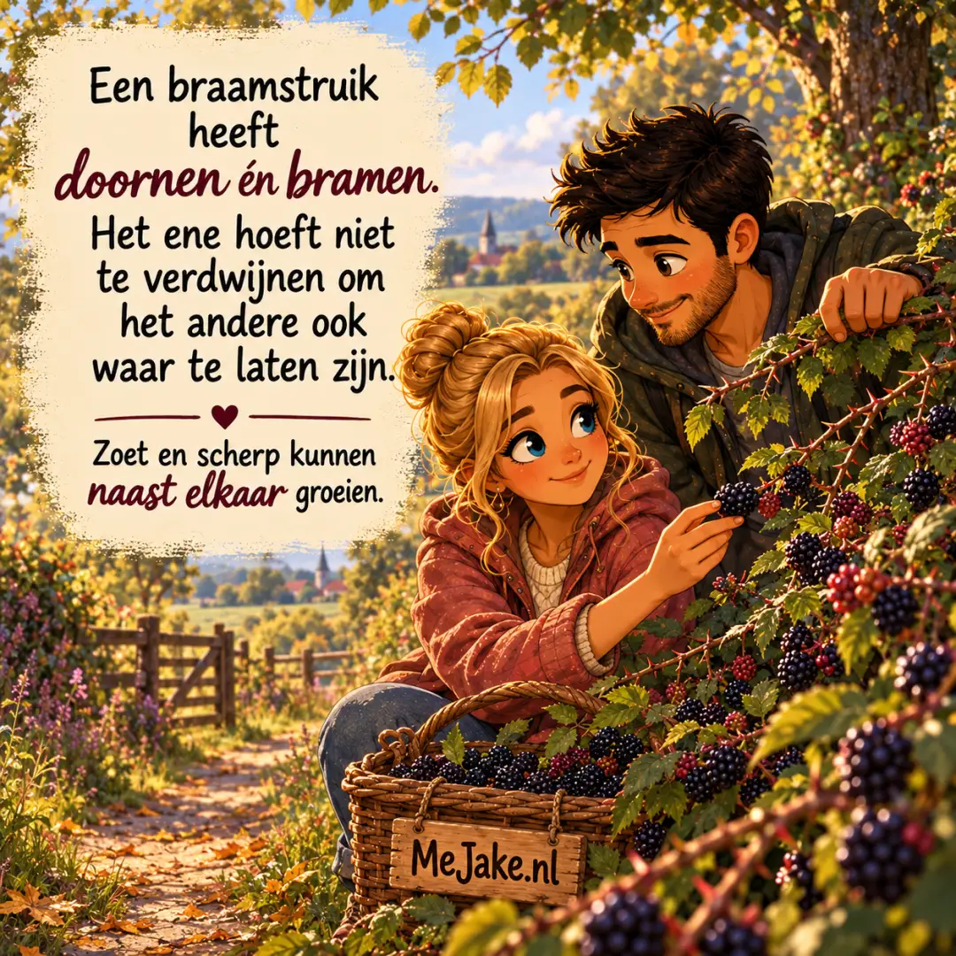 Illustratie bij de quote: Een braamstruik heeft doornen én bramen. Het ene hoeft niet te verdwijnen om het andere ook waar te laten zijn.