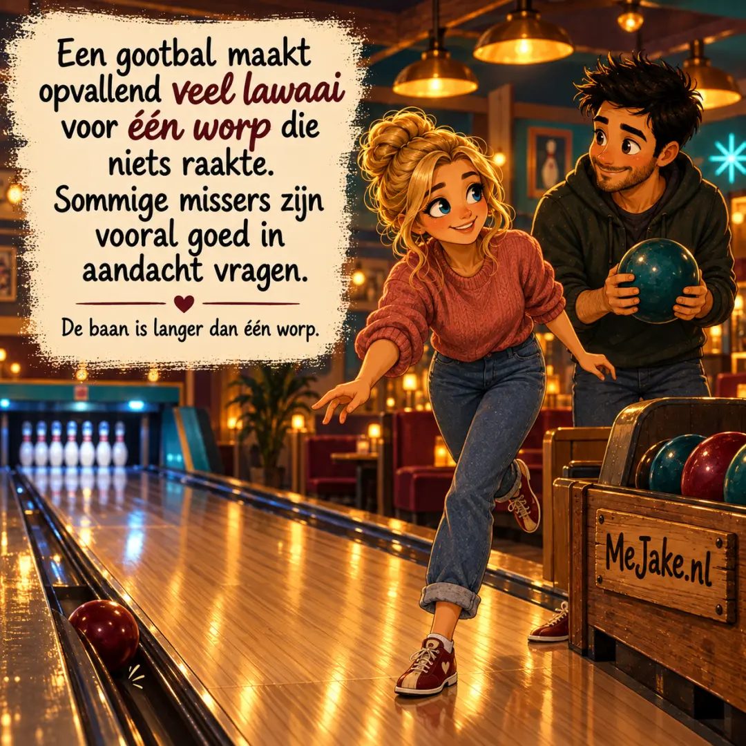 Illustratie bij de quote: Een gootbal maakt opvallend veel lawaai voor één worp die niets raakte. Sommige missers zijn vooral goed in aandacht vragen.