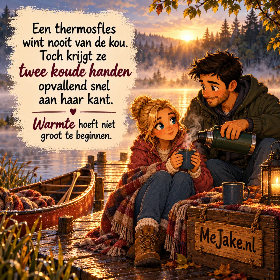 Illustratie bij de quote: Een thermosfles wint nooit van de kou. Toch krijgt ze twee koude handen opvallend snel aan haar kant.