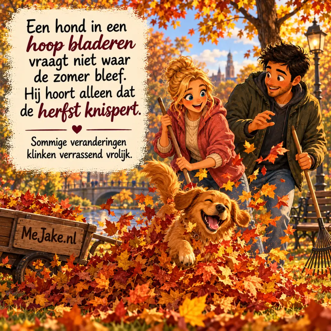 Illustratie bij de quote: Een hond in een hoop bladeren vraagt niet waar de zomer bleef. Hij hoort alleen dat de herfst knispert.