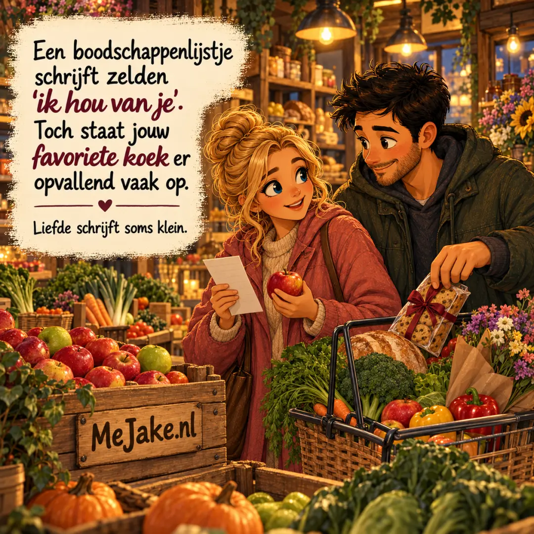 Illustratie bij de quote: Een boodschappenlijstje schrijft zelden ‘ik hou van je’. Toch staat jouw favoriete koek er opvallend vaak op.