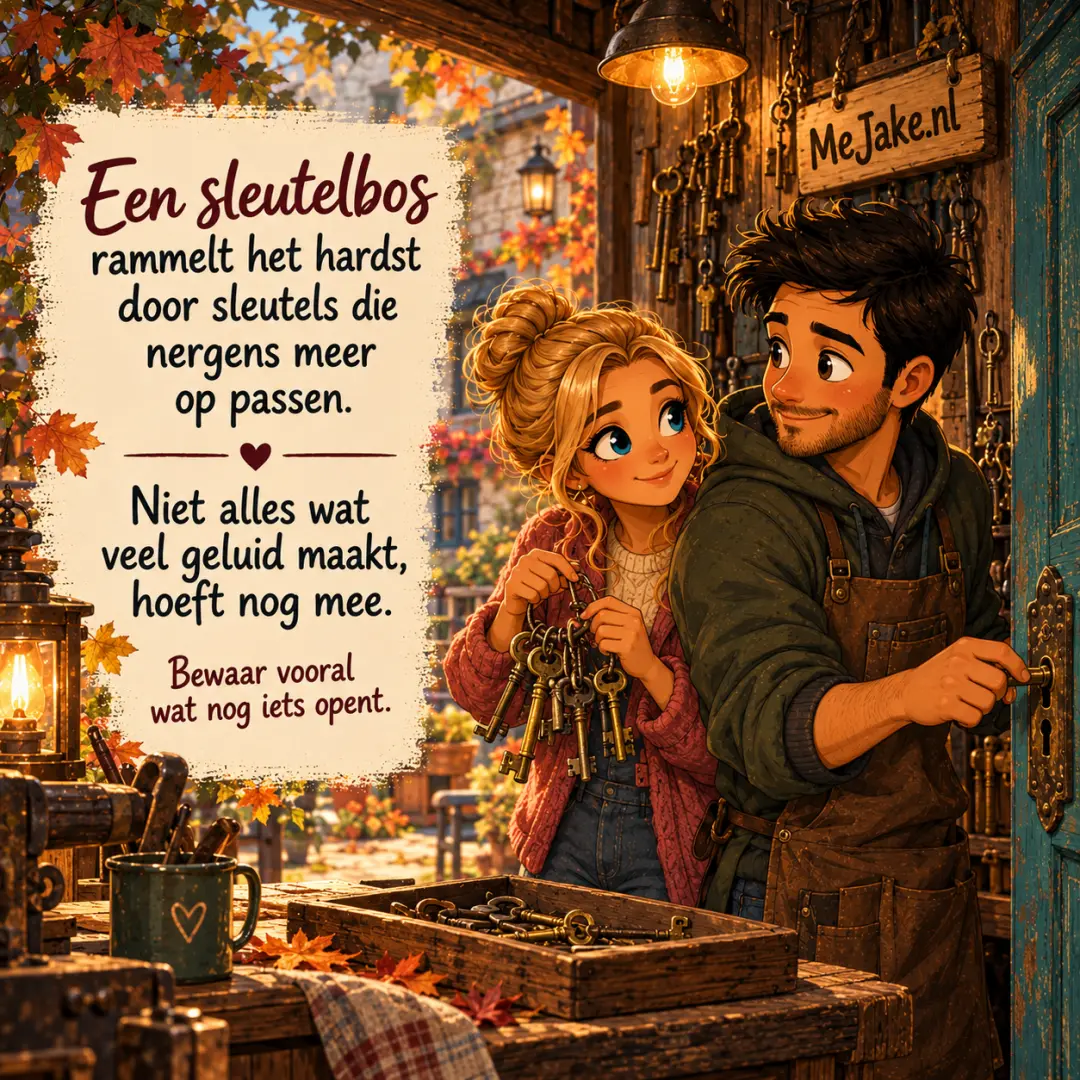 Illustratie bij de quote: Een sleutelbos rammelt het hardst door sleutels die nergens meer op passen. Niet alles wat veel geluid maakt, hoeft nog mee.