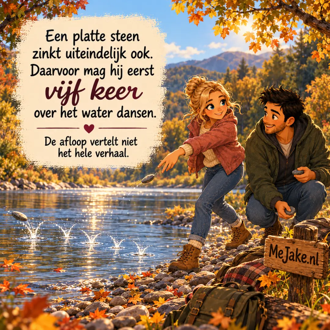 Illustratie bij de quote: Een platte steen zinkt uiteindelijk ook. Daarvoor mag hij eerst vijf keer over het water dansen.