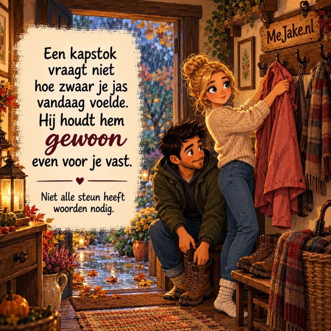 MeJake-illustratie bij de quote: Een kapstok vraagt niet hoe zwaar je jas vandaag voelde. Hij houdt hem gewoon even voor je vast.